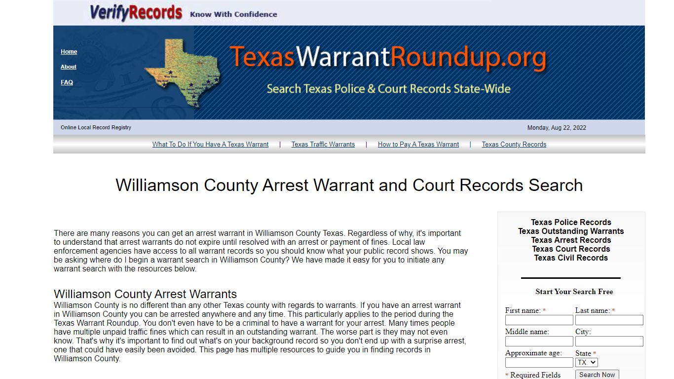 Williamson County Arrest Warrants Search - TEXAS WARRANT ROUNDUP.ORG